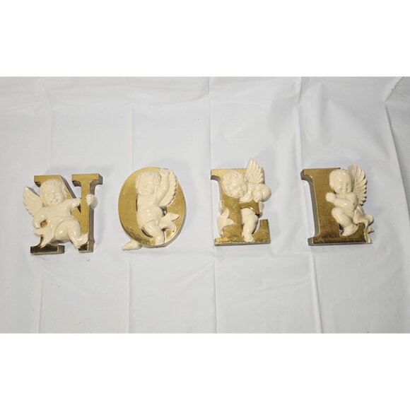 Vintage Christmas MCM Gold Plastic NOEL Cherubs Burwood Retro Cottage Core - Picture 1 of 8